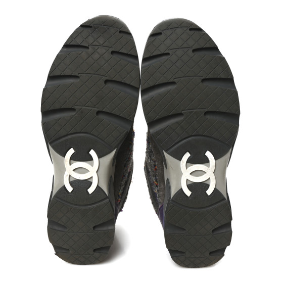 CHANEL Suede Tweed Goatskin CC Sneakers 40 Grey Purple