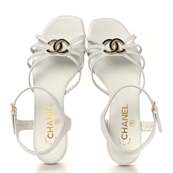 CHANEL Lambskin Crystal CC Sandals 37 White 1703951
