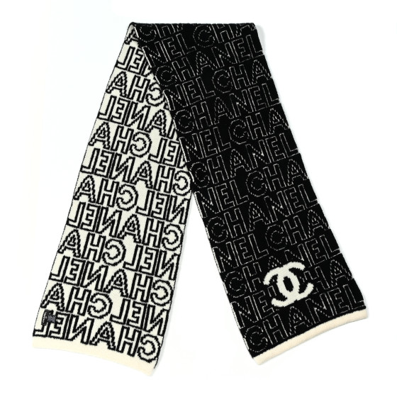 CHANEL Cashmere Wool Silk CC Scarf Black White 1360655
