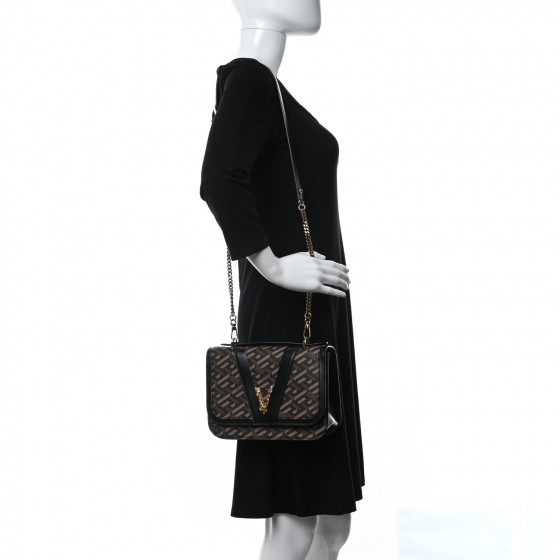 VERSACE Coated Canvas La Greca Signature Shoulder Bag Black