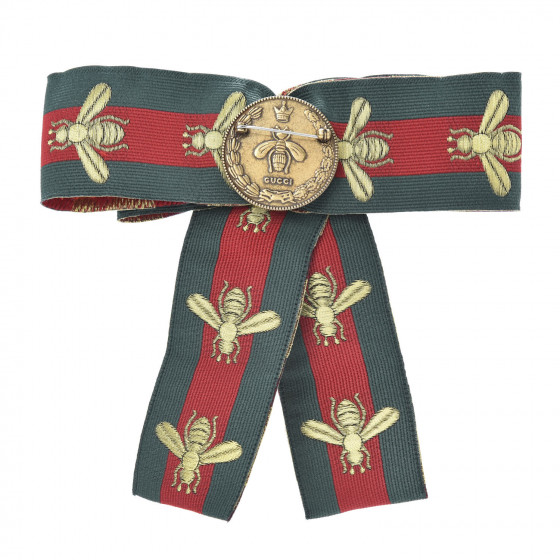 GUCCI Ribbon Web Bow Bee Pearl Brooch Red Green 670143