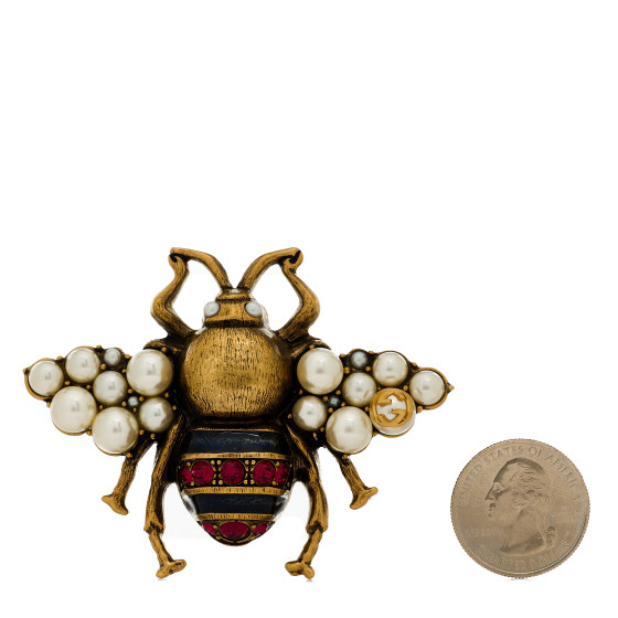 GUCCI Metal Pearl Crystal Bee Brooch Aged Gold 1549953