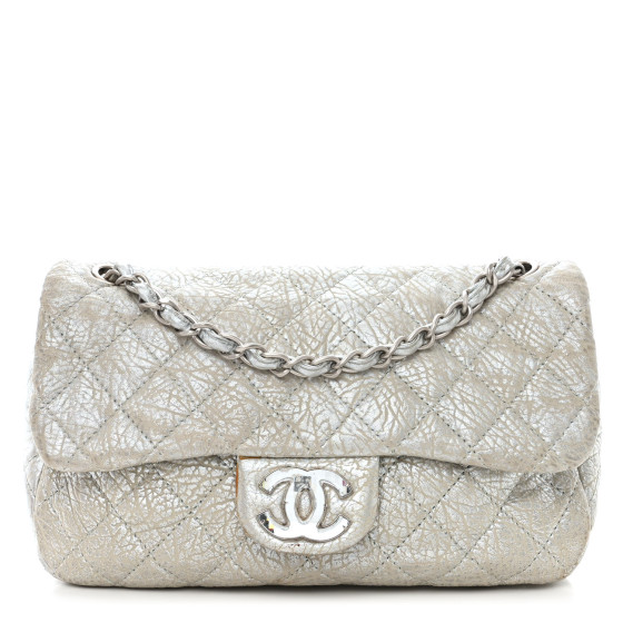 CHANEL Calfskin Mirror CC Crackled Flap Silver