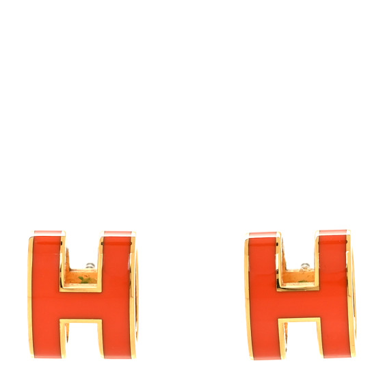 HERMES Gold Lacquered Pop H Earrings Orange