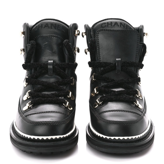 CHANEL Calfskin Lambskin Lace Up Boots 35 Black