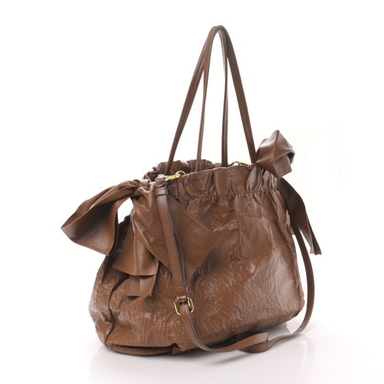 PRADA Nappa Antique Bow Tote Brown 1432649 | FASHIONPHILE