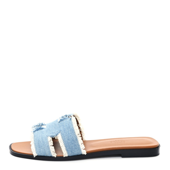 【デニムフリンジがかわいい】HERMES サンダル≪Oran≫ HERMES Denim Oran Fringe Sandals 36.5 Bleu Clair 1580603