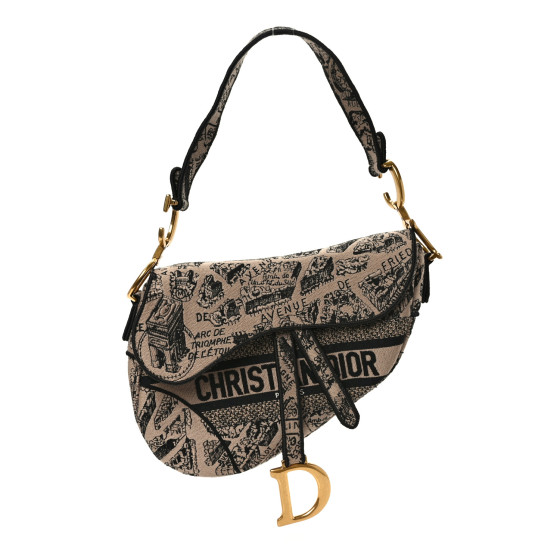 CHRISTIAN DIOR Canvas Embroidered Plan De Paris Printed Saddle Bag Beige Black