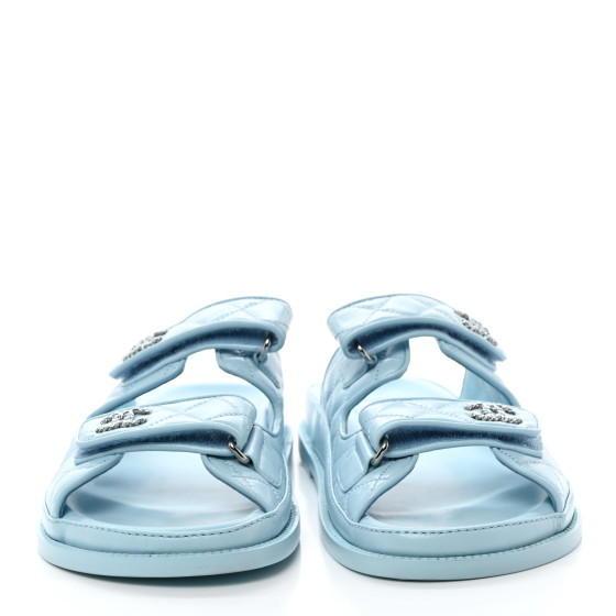 CHANEL Laminated Lambskin Quilted Velcro Dad Chain CC Slide Sandals 39.5 Light Blue