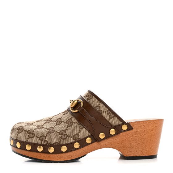 GUCCI Monogram Goatskin Horsebit Clog Mules 37 Beige Ebony