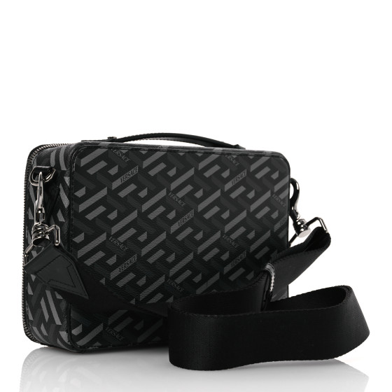 VERSACE Coated Canvas La Greca Signature Messenger Bag Black