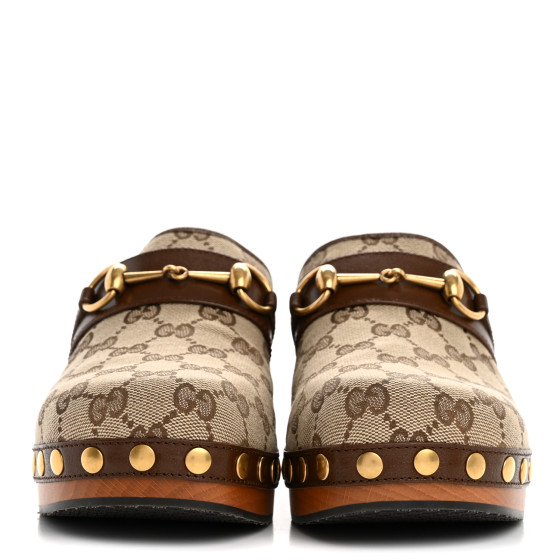 GUCCI Monogram Goatskin Horsebit Clog Mules 37 Beige Ebony