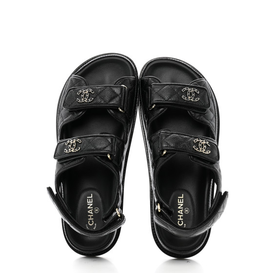 [CHANEL]★Velcro Sandals★Black CHANEL Grained Calfskin Velcro Dad Sandals 37.5 Black