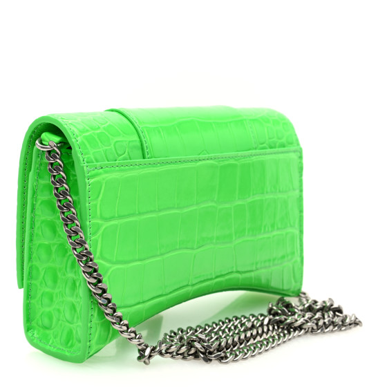 ●送料込●BALENCIAGA●Fluo Green Leather Hourglass Xs Balenciaga Hourglass Extra Small Rhinestones Neon Green