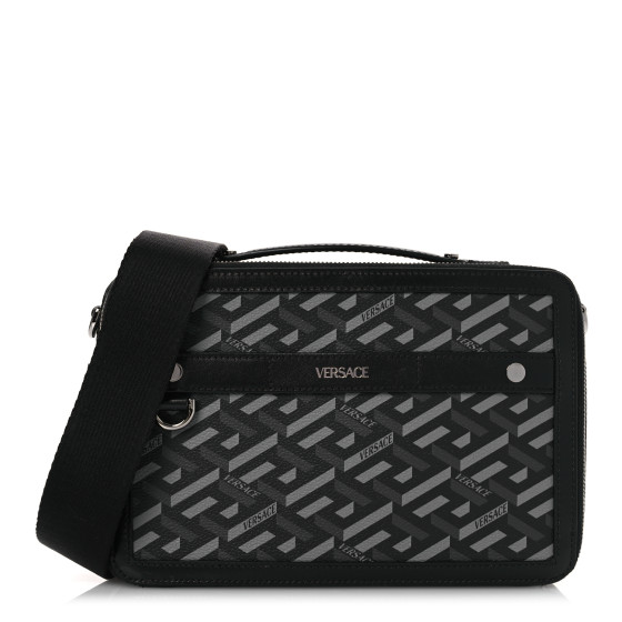 VERSACE Coated Canvas La Greca Signature Messenger Bag Black