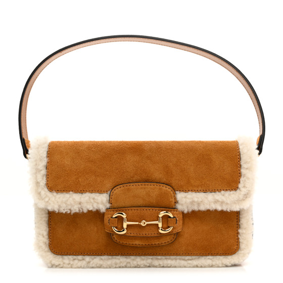 ショルダーバッグ・ポシェット 1955 Horsebit Suede Tote Bag with Shearling-Trim Gucci 1955 Horsebit Mini Brown Suede Tote Bag with Shearling