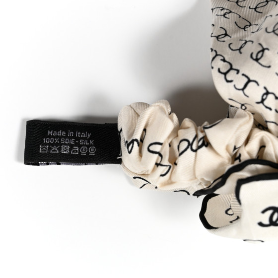 CHANEL Silk Twill Square Scarf Hair Tie White Black 1331764