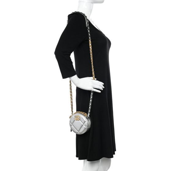 CHANEL Metallic Lambskin Quilted Chanel 19 Round Clutch With
