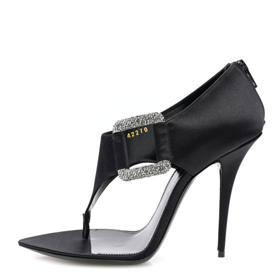 サンダル・ミュール SAINT LAURENT  Saint Laurent Sandals Women Satin Black Saint Laurent Cassandra YSL Strass Medallion Flat Sandals