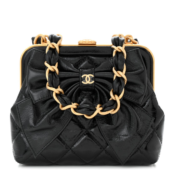 CHANEL Patent Crumpled Lambskin Quilted Maxi Bow Clutch With