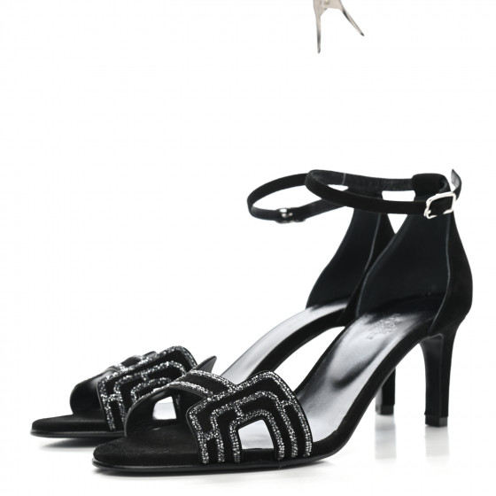 HERMES Suede Goatskin Crystal Premiere 70 Sandals 39 Black