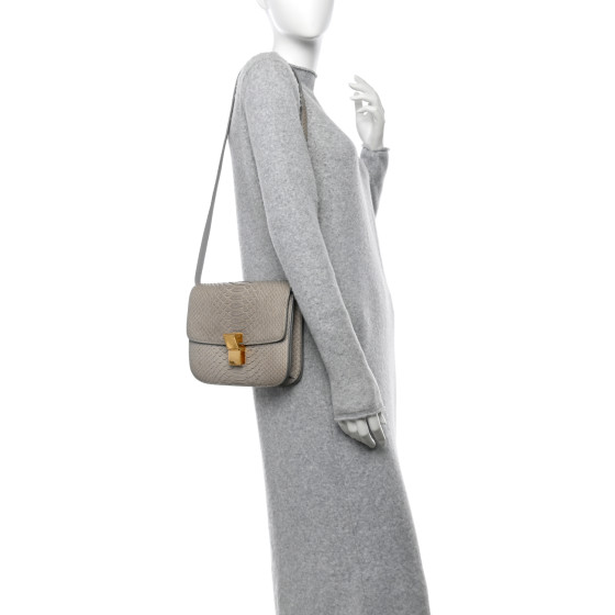 CELINE Snakeskin Medium Classic Box Flap Bag Grey