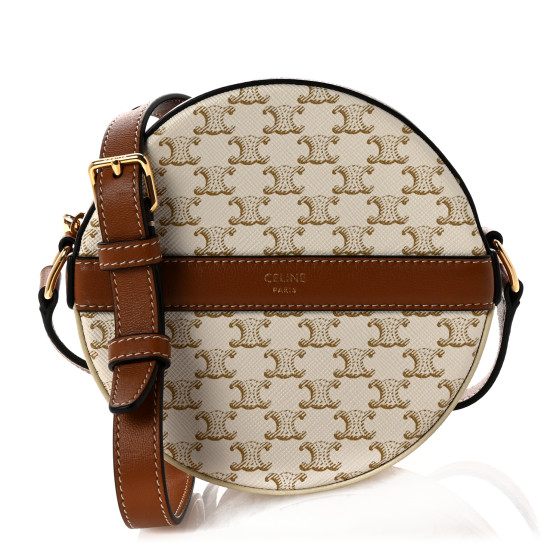 CELINE Lambskin Triomphe Canvas Round Purse On Strap White Tan
