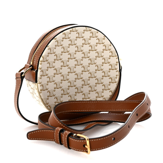 CELINE Lambskin Triomphe Canvas Round Purse On Strap White Tan
