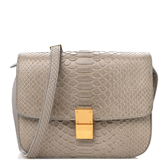 CELINE Snakeskin Medium Classic Box Flap Bag Grey