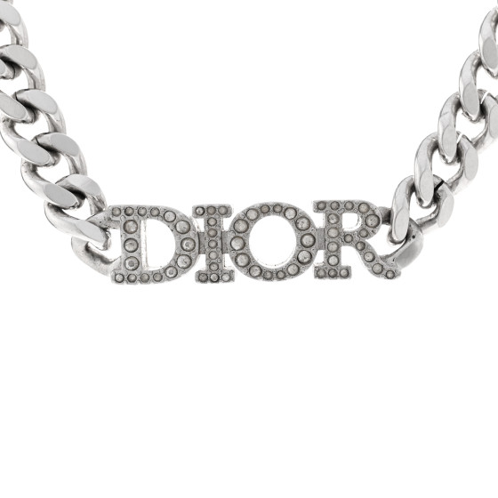 CHRISTIAN DIOR Metal Crystal Logo Chain Link Necklace Silver