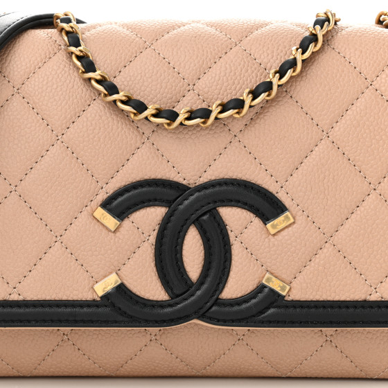 CHANEL Caviar Quilted Small CC Filigree Flap Beige Black