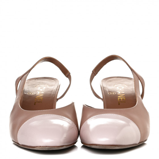 CHANEL Glazed Calfskin Cap Toe CC Slingback Pumps 38 Beige
