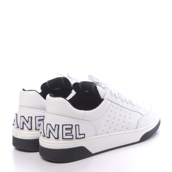 CHANEL Calfskin Mens Logo Sneakers 43 Black White 662061