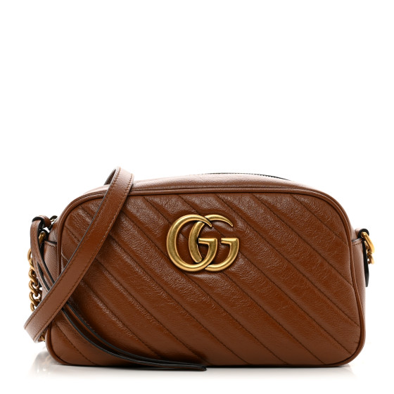 GUCCI Glazed Calfskin Matelasse Diagonal Small GG Marmont Chain Shoulder Bag Cuir