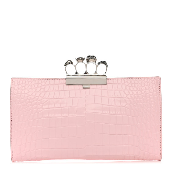 ALEXANDER MCQUEEN Calfskin Crocodile Embossed Knuckle Flat Clutch Light Pink