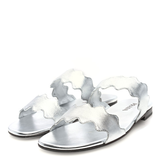 PRADA Metallic Goatskin Scalloped Slide Sandals 36 Argento