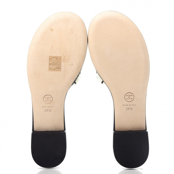 CHANEL Pearl Embroidery Flat Sandals 38.5 White Black 698987