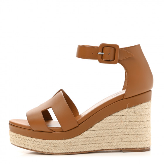 HERMES Goatskin Doll 60 Espadrille Wedge Sandals 37 Gold