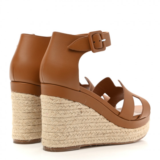 HERMES Goatskin Doll 60 Espadrille Wedge Sandals 37 Gold