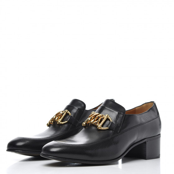 羊 GUCCI Goatskin Mens Chain Mid Heel Loafers 8 Black 769072