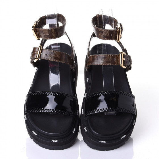 FENDI Patent Glazed Fabric FF Strappy Platform Sandals 35