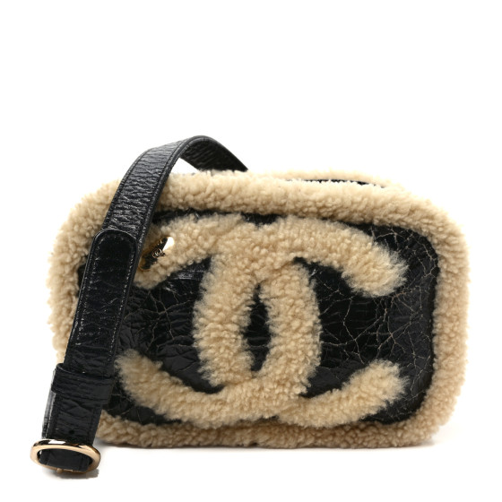 Shiny Crumpled Sheepskin Shearling Waist Bag Black Beige