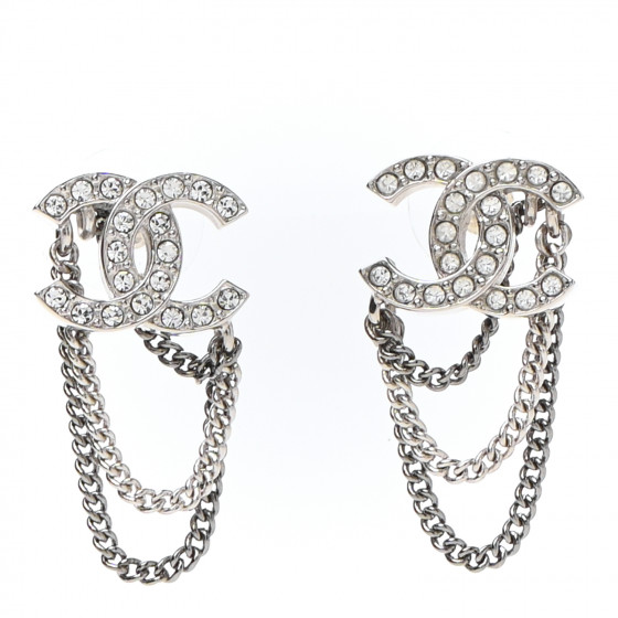 CHANEL Crystal Chain CC Earrings Silver 948061 | FASHIONPHILE
