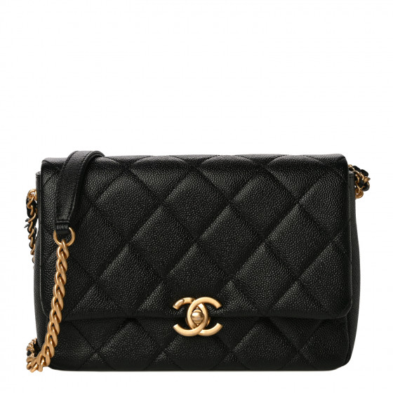 CHANEL Shiny Caviar Quilted Small Chain Melody Flap Black