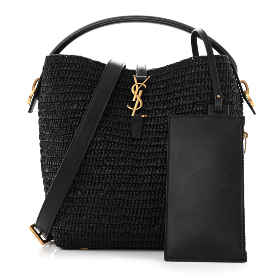 SAINT LAURENT Raffia Calfskin Monogram Le 37 Bucket Bag