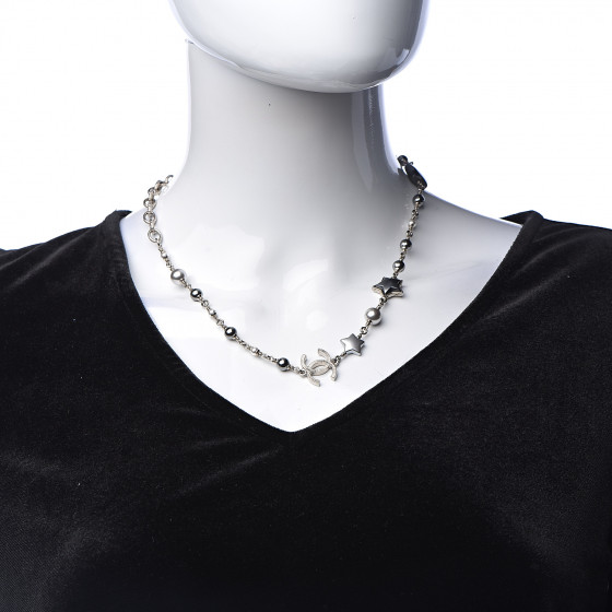 CHANEL Metal Resin Pearl Star CC Necklace Silver 491025