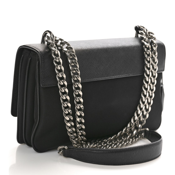 PRADA Saffiano Lux Lock Flap Chain Shoulder Bag Black