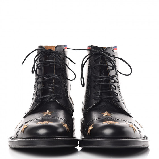 GUCCI ブラック ブーティ 星と蜂刺繍 GUCCI Calfskin Sylvie Web Bee Star Embroidered Mens Brogue