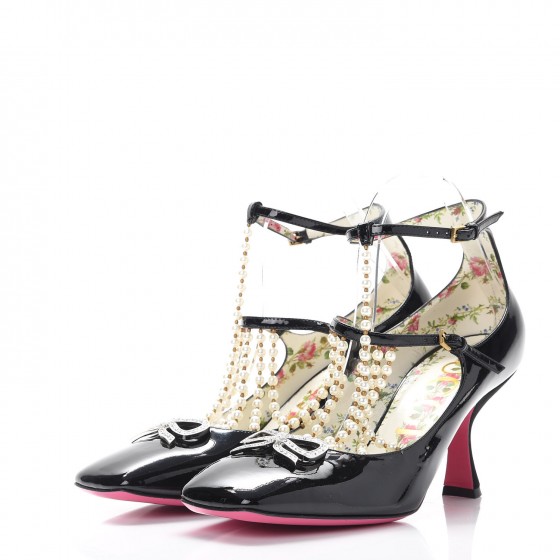 【15p美品】エンティティー GUCCI Patent Pearl Taide T-Strap Mid Heel Pumps 39.5 Black