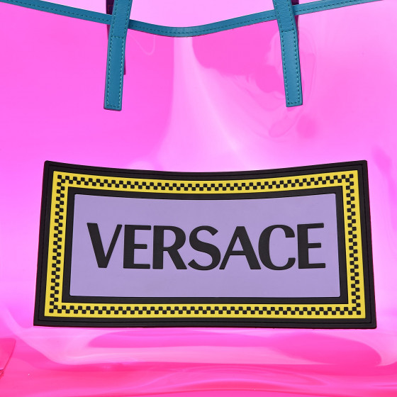【関税込み】Versace ブルー 90s ロゴ グローブ VERSACE 90's Vintage Logo Soft Tote Pink Clear Vinyl Blue